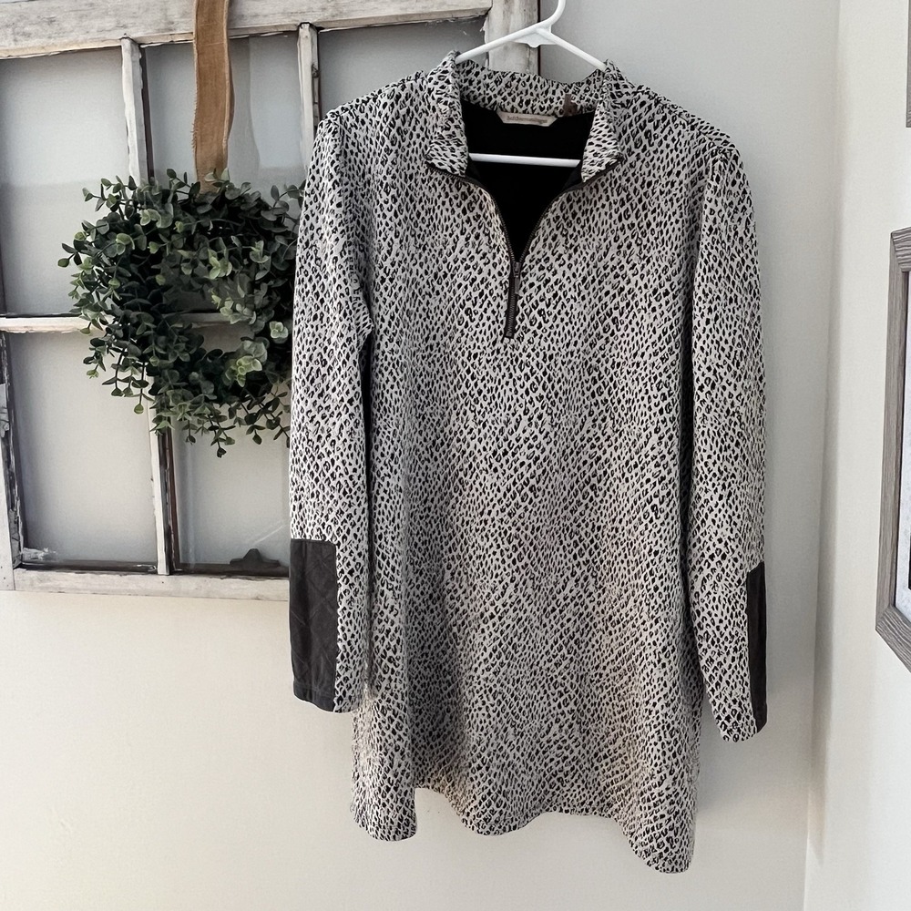 Soft Surroundings Trudy Gray Leopard Print 1/4 Zip‎ Sweatshirt Tunic Size L